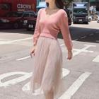 Set: V-neck Long-sleeve Knit Top + Midi Mesh Skirt