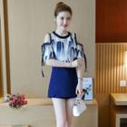 Set: Printed Cold Shoulder Short-sleeve Top + Skort