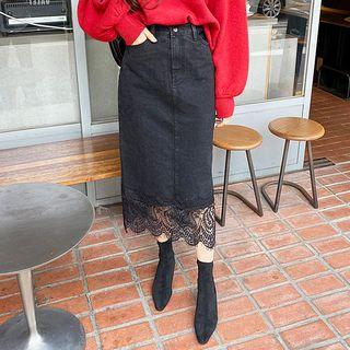 Lace-hem Long Denim Skirt
