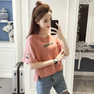Elbow-sleeve Embroidered Letter Cartoon T-shirt