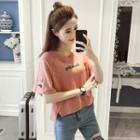 Elbow-sleeve Embroidered Letter Cartoon T-shirt