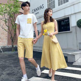 Couple Matching Plaid Spaghetti Strap Midi A-line Dress / Short-sleeve Pocket Detail T-shirt / Plaid Shorts / Set