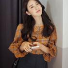 Pleated-collar Long-sleeve Plaid Top