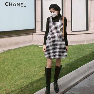 Houndstooth A-line Mini Pinafore Dress Black - One Size