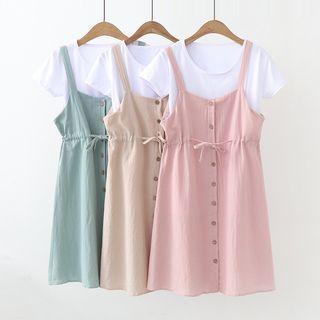 Set: Short-sleeve Plain T-shirt + Mini Pinafore Dress