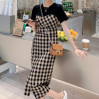 Short-sleeve Gingham Midi Sheath Dress