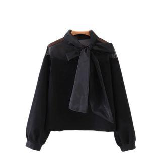 Long-sleeve Mesh-panel Tie-neck Blouse