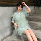Set Of 2 : Elbow-sleeve T- Shirt + Mesh Dress