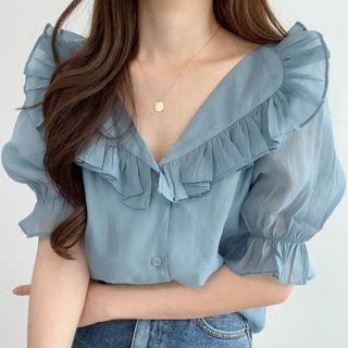 Puff-sleeve Collar Ruffled Blouse
