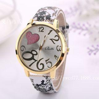 Heart & Floral Print Strap Watch