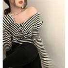 Long-sleeve Ruffle Striped Knit Top As Shown In Figure - One Size
