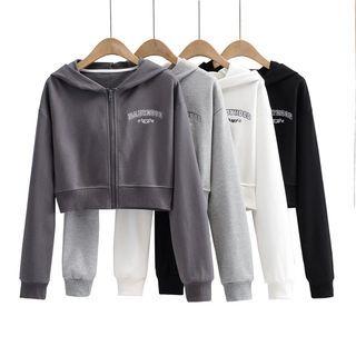 Letter Embroidered Cropped Zip-up Hoodie