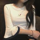 Rose Embroidered Bell-sleeve Crewneck T-shirt