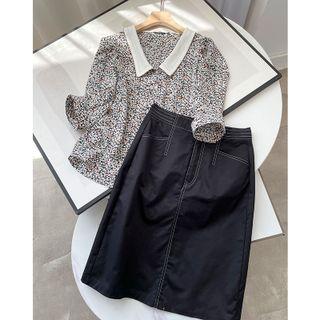 Floral Blouse / Contrast Stitching Midi A-line Skirt