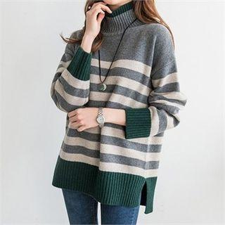 Mock-neck Wool Blend Stripe Knit Top