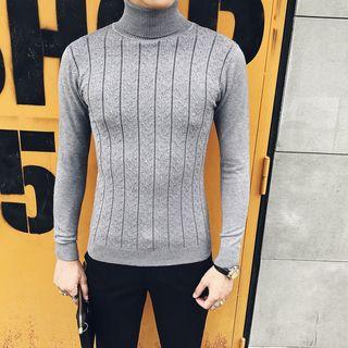 Plain Cable-knit Turtle-neck Slim-fit Sweater
