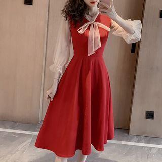 Long-sleeve Mesh Tie-neck A-line Midi Dress