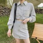 Long-sleeve Cropped Polo Top/ Snap-button Mini Skirt