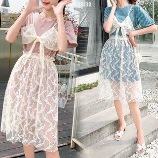 Set: Short-sleeve Striped Long T-shirt + Lace Midi Skirt
