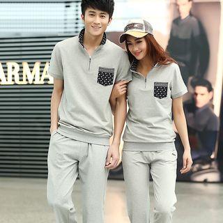 Couple Matching Set: Patterned Pocket Half-zip T-shirt + Sweatpants