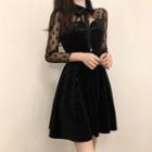 Sheer Long-sleeve A-line Dress Black - One Size
