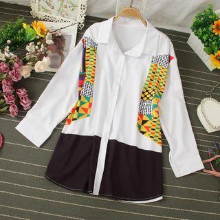 Printed Contrast Panel Long-sleeve Blouse