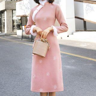 Long-sleeve Furry Detail Qipao Dress