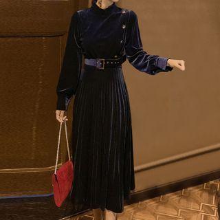 Long-sleeve Buttoned Velvet Midi Dress