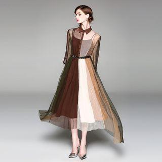 Long-sleeve Irregular Color Block Mesh A-line Midi Shirtdress