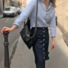 Long-sleeve Striped Shirt / Fitted Buttoned Midi Skirt