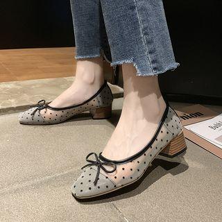 Square-toe Dotted Chunky Heel Mesh Pumps