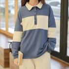 Color Block Long-sleeve Striped Polo Shirt
