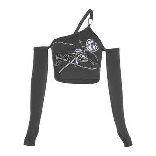Long-sleeve One-shoulder Rose Print Cropped T-shirt