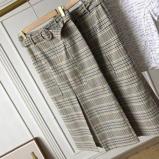 Belted Plaid Midi Pencil Skirt