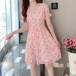 V-neck Heart Print Midi A-line Dress
