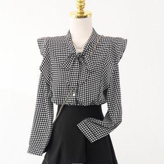 Two Tone Houndstooth Drawstring Button-up Shirt