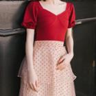 Set: Puff-sleeve Plain Top + Dotted Layered Mesh Maxi Skirt