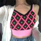 Sleeveless Heart Pattern Cropped Knit Top Heart - One Size