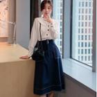 Long-sleeve Shirt / Midi A-line Denim Skirt