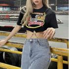 Short-sleeve Lettering Chain Detail Cropped T-shirt Lettering - Black - One Size