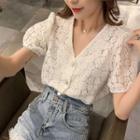 Puff-sleeve Lace Buttoned V-neck Top
