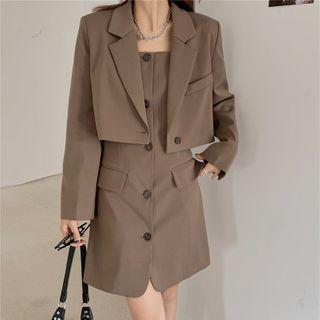 Plain Cropped Blazer / Plain Spaghetti-strap Mini Dress
