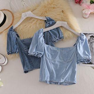 Square Collar Puff-sleeved Denim Top