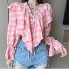 Gingham Lace-up Ruffled Blouse