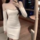 Long-sleeve Off-shoulder Rhinestone Trim Mini Bodycon Dress