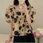 Puff-sleeve Floral Print Blouse Floral - Black & Khaki - One Size