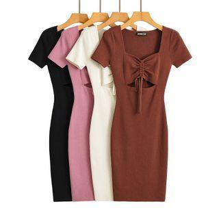 Short Sleeve Drawstring Plain Cut-out Mini Bodycon Dress