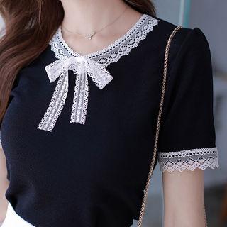 Puff-shoulder Beribboned Lace-trim Top