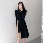 Long-sleeve Paneled Midi A-line Knit Dress Black - One Size