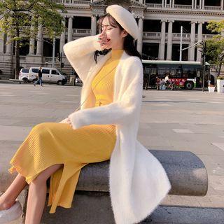 Furry Long Cardigan / Mock Neck Midi Dress